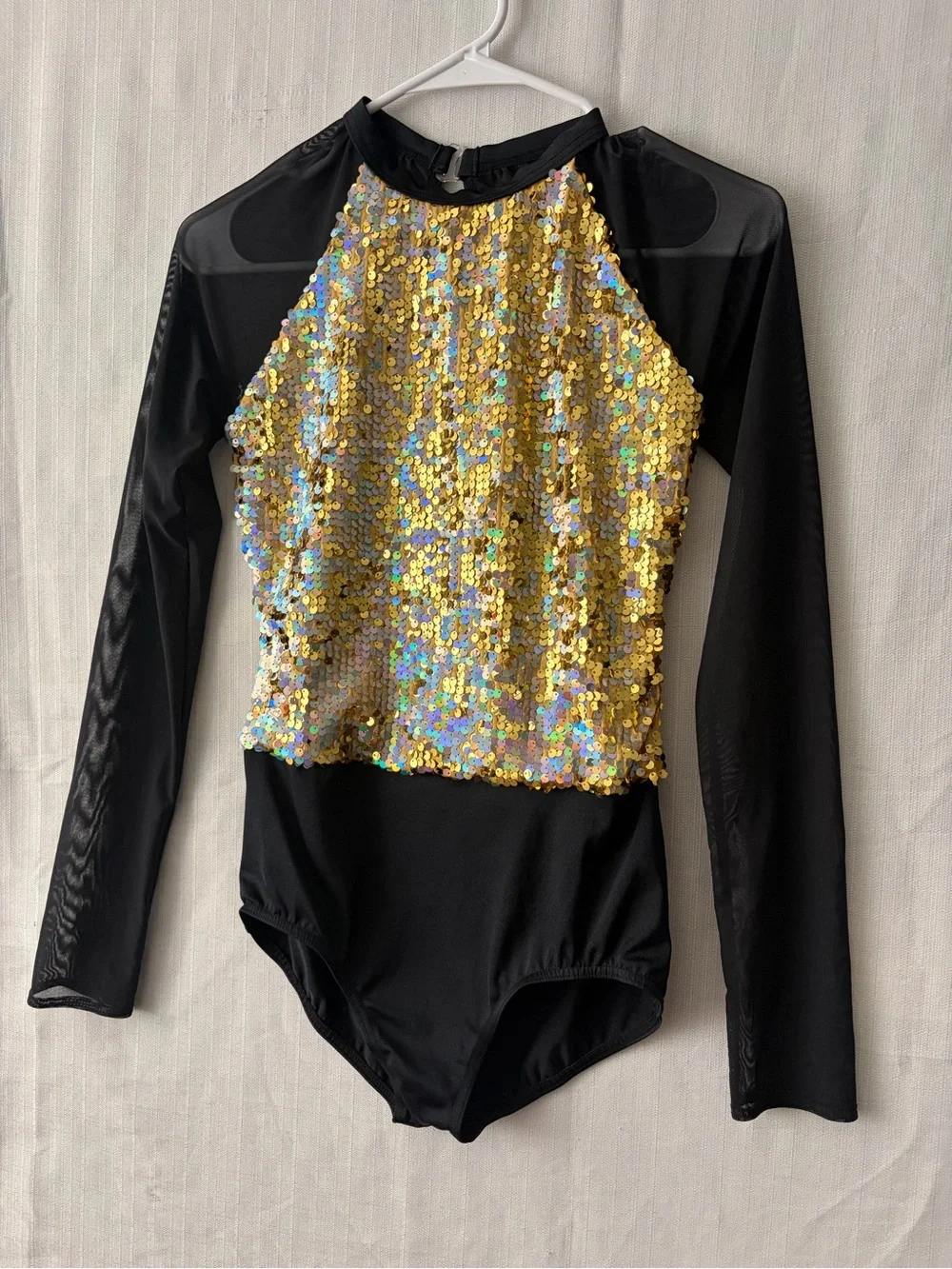Weissman Gold Sequin Black Mesh Long Sleeve Leotard Size MA Excellent (A642) - Picture 3 of 11